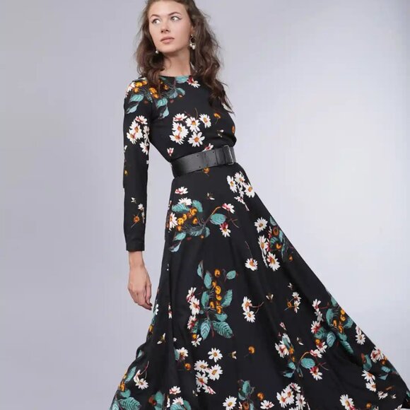Mumbai Slang Black Floral Lined Maxi Dress w Pockets Sz S NWT - Picture 1 of 9